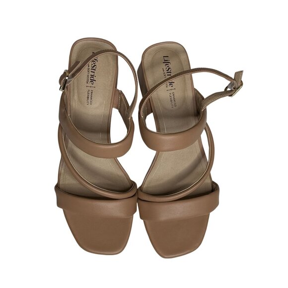 LifeStride Sandals Womens 10 Tan Block Heel Strappy Slingback Comfort Nude Shoes - Picture 2 of 9